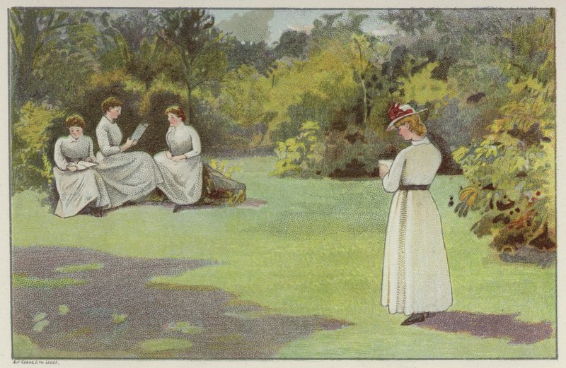 Ženy odpočívající v klidném koutě Bournville, Birmingham (chromolitho) od English School