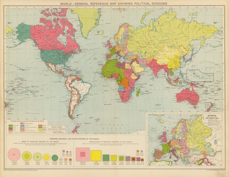 Svět, obecná referenční mapa s politickým rozdělením (barevná litografie) od English School