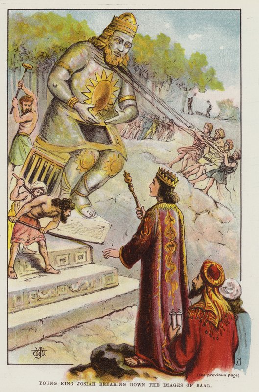 Mladý král Josiah rozbíjí obrazy Baala (barevné lito) od English School