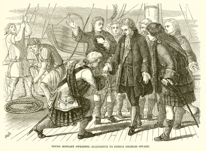 Mladý Moidart přísahá věrnost princi Charlesi Stuartovi od English School