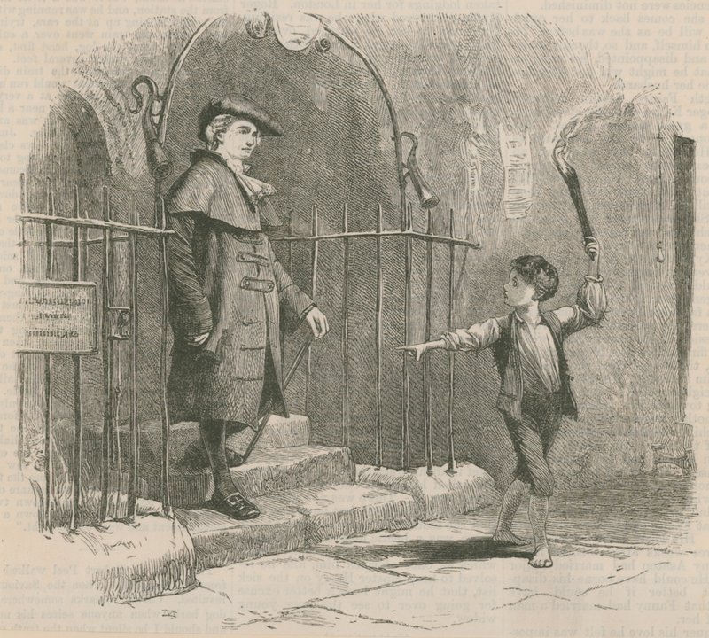 Mladý chlapec vede gentlemana světlem pochodně od English School