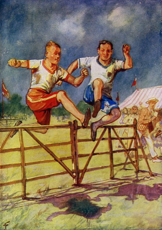 Mladí muži soutěžící ve steeplechase (barva litho) od English School