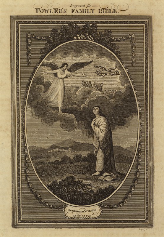 Zachariášovo vidění, Zachariáš, kapitola 1, verš 18 (rytina) od English School