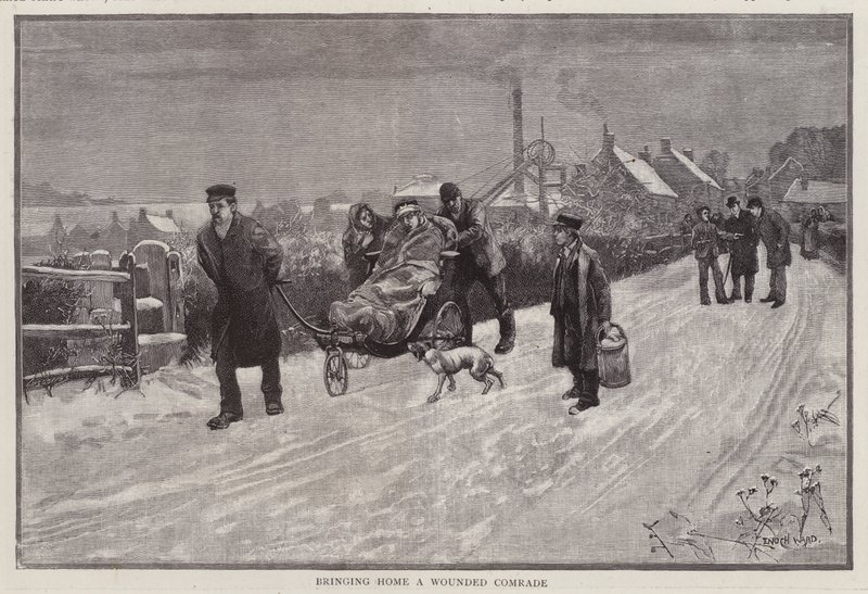Uhelného horníka zraněného při práci přivádějí domů (litho) od Enoch Ward