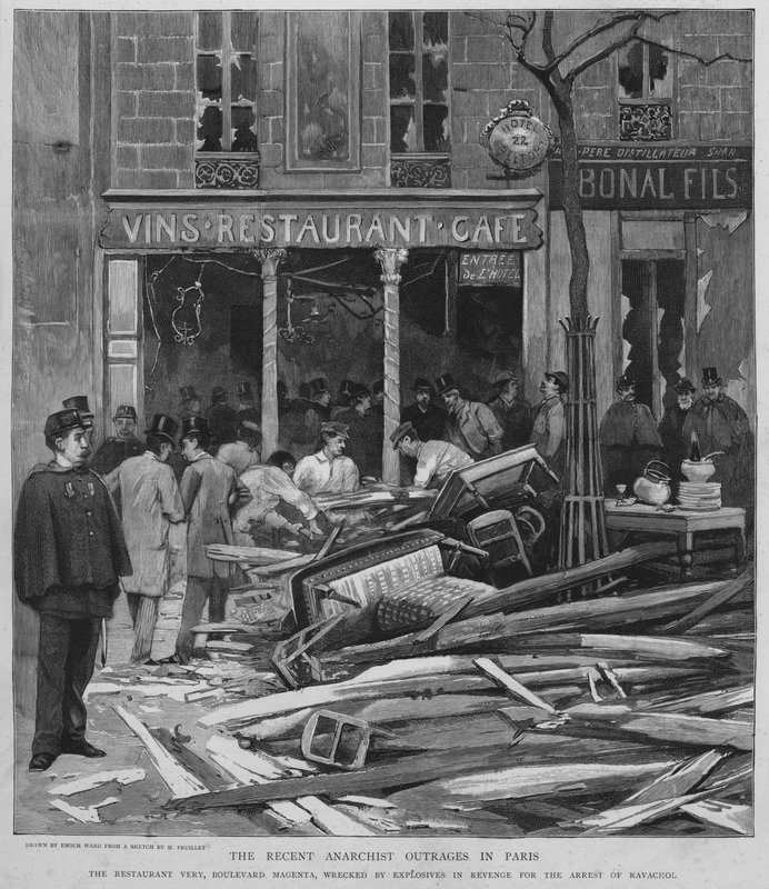 Anarchistický teror v Paříži: bombardování restaurace Very na Boulevard de Magenta jako pomsta za zatčení Ravacola, 25. dubna 1892 (litho) od Enoch Ward