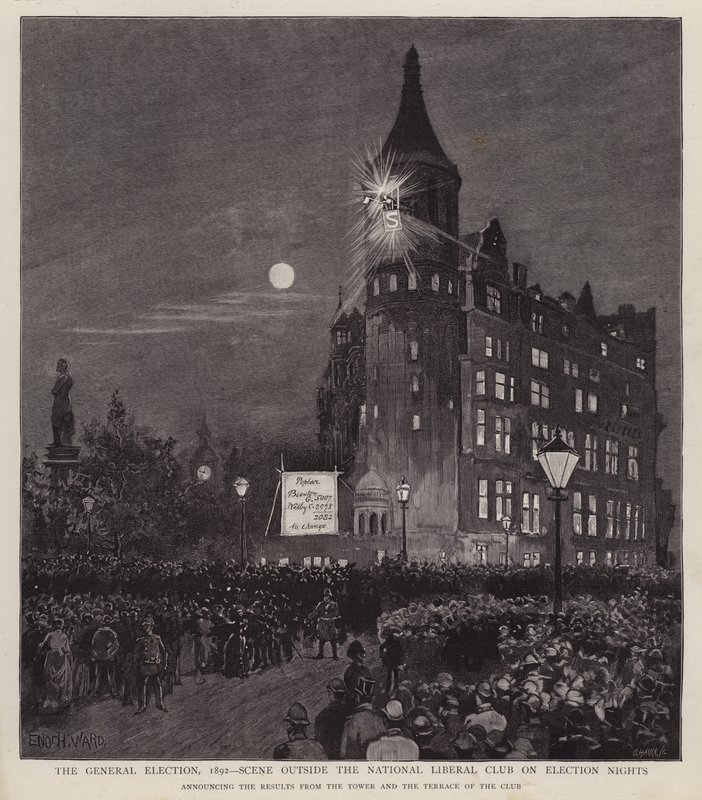 Oznámení o výsledcích všeobecných voleb z roku 1892 od Liberal Club, Westminster, Londýn (litho) od Enoch Ward