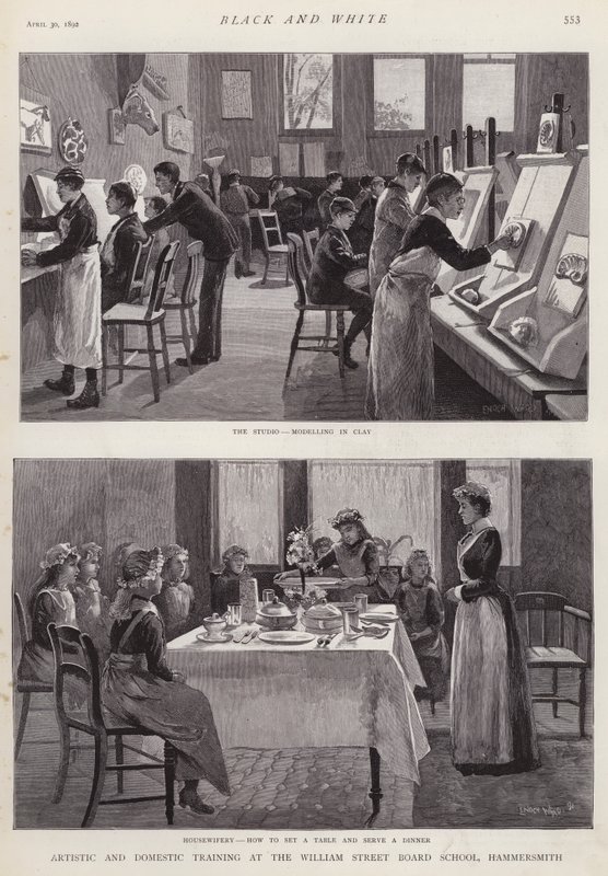 Umělecké a domácí školení na William Street Board School, Hammersmith, Londýn (litho) od Enoch Ward