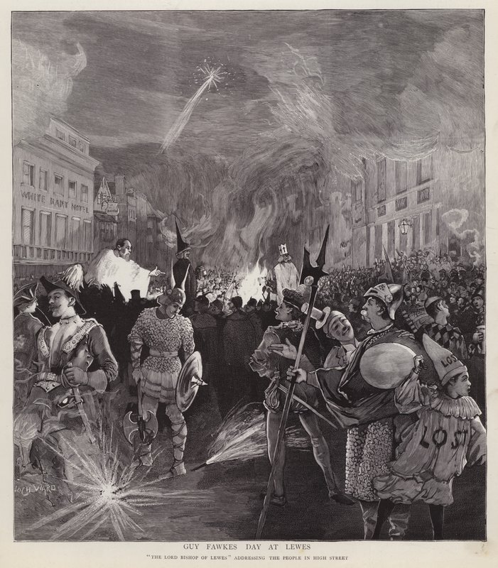 Guy Fawkes Day průvod v Lewes, Sussex, 5. listopadu 1892 (litho) od Enoch Ward