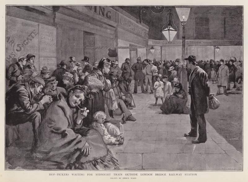 Sběrači chmele čekající před nádražím London Bridge na půlnoční vlak do Kentu (litho) od Enoch Ward