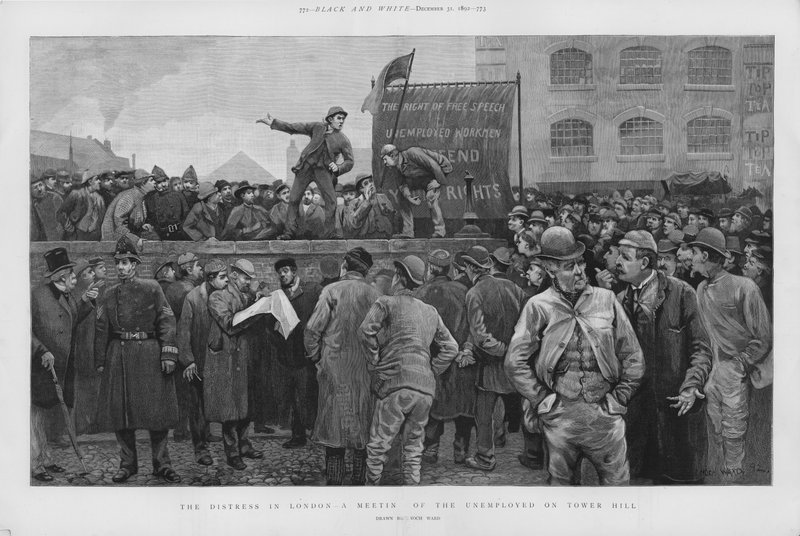 Setkání nezaměstnaných dělníků na Tower Hill, Londýn (litho) od Enoch Ward
