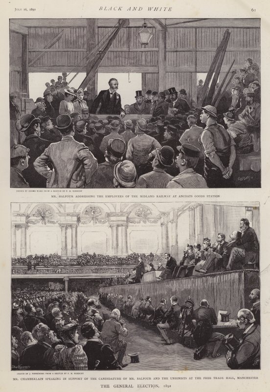 Scény z britské všeobecné volební kampaně z roku 1892 (litho) od Enoch Ward