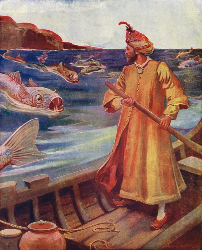 Sindibád vidí obrovské ryby (barevná litografie) od Enoch Ward