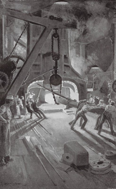 40tunový parní kladivo při práci ve Woolwich Arsenal (litografie) od Enoch Ward