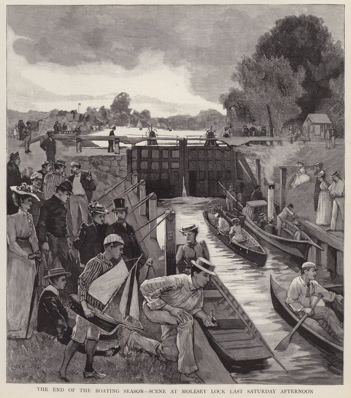 Konec vodácké sezóny: scéna v Molesey Lock na řece Temži, Surrey (litho) od Enoch Ward