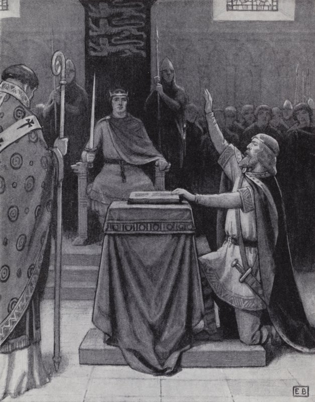 Harold Godwinson přísahal na posvátné relikvie, aby podpořil Williama, vévodu z Normandie, jeho nárok na anglický trůn (litho) od Ernest (after) Board
