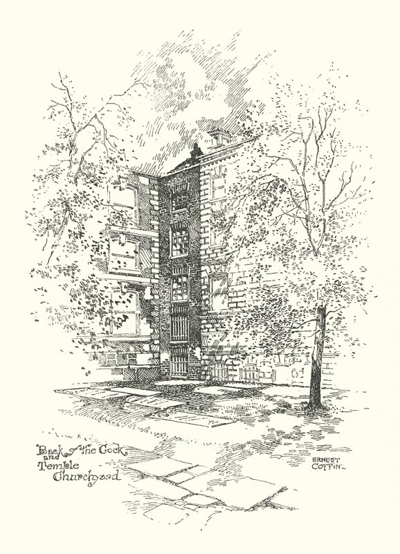 Starý Londýn: zadní část hřbitova Cock and Temple (litografie) od Ernest (after) Coffin