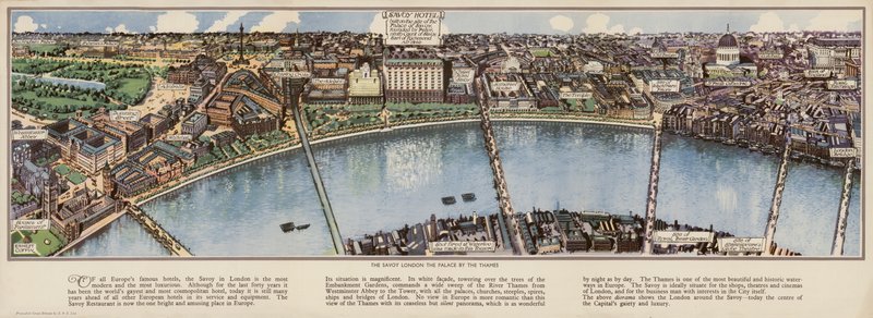 Mapa hotelu Savoy v Londýně z ptačí perspektivy, asi 1940. (barevná litografie) od Ernest (after) Coffin