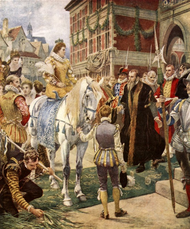 Královna Alžběta otevírá Královskou burzu (barevná litografie) od Ernest (after) Crofts