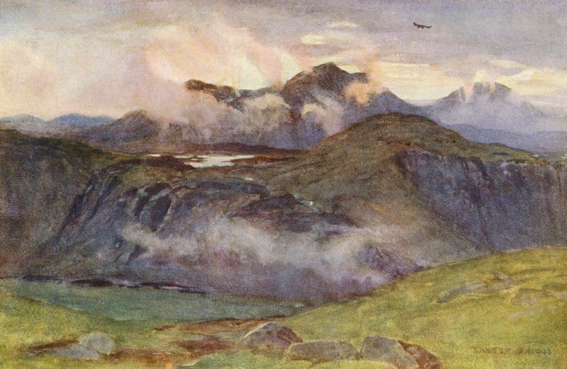 Merrick a jezero Loch Enoch z vrcholu Corscrine (barevná litografie) od Ernest Edward Briggs