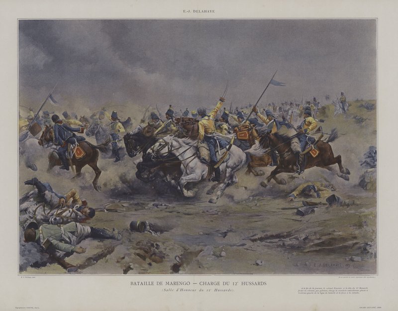 Bataille de Marengo – Charge du 12e Hussards (poplatek 12. husarů v bitvě u Marenga) od Ernest Jean Delahaye