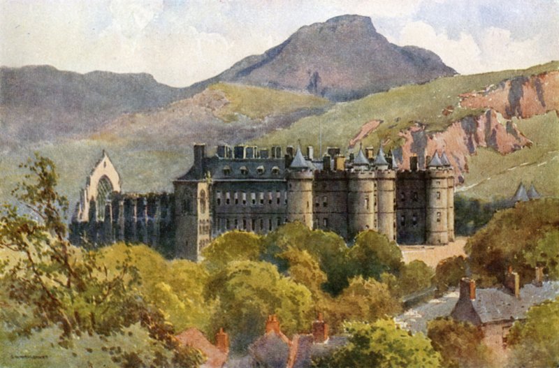 Palác Holyrood: Artušovo sídlo v pozadí (barevné lito) od Ernest William Haslehust