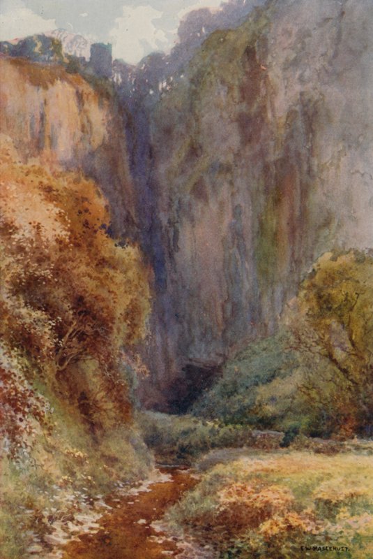 Peak Cavern Gorge, Castleton (barevná lito) od Ernest William Haslehust