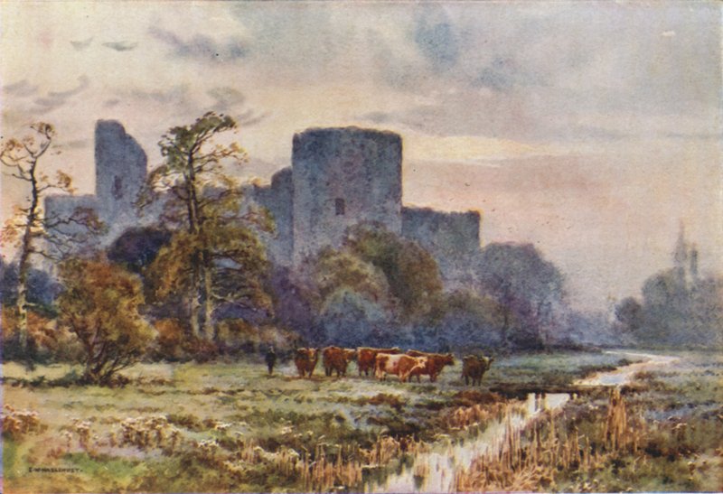Pevensey Castle from the Meadows (barevné lito) od Ernest William Haslehust