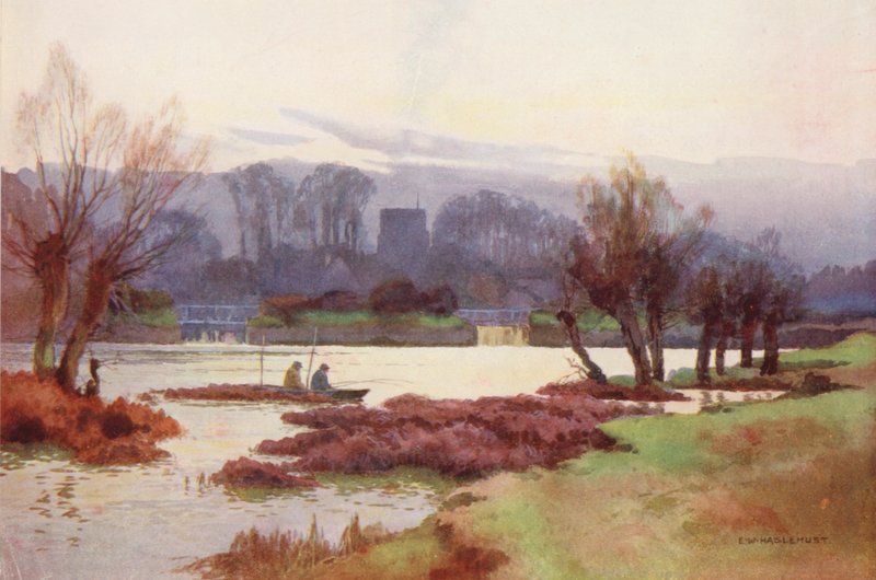 Řeka Temže: Sutton Courtney Weirs (barevná litografie) od Ernest William Haslehust