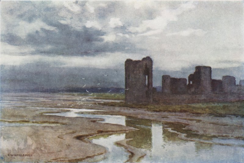 Sands of Dee, hrad Flint (barevné lito) od Ernest William Haslehust