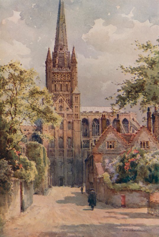 The Cathedral Precincts, Norwich (barevná lito) od Ernest William Haslehust