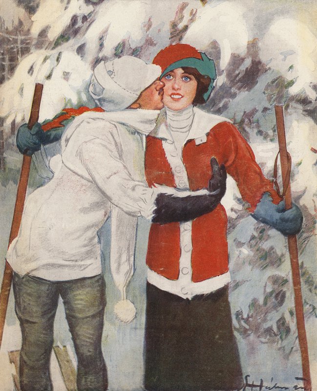 Párové lyžování v zimě (barevné lito) od Ernst (after) Heilemann