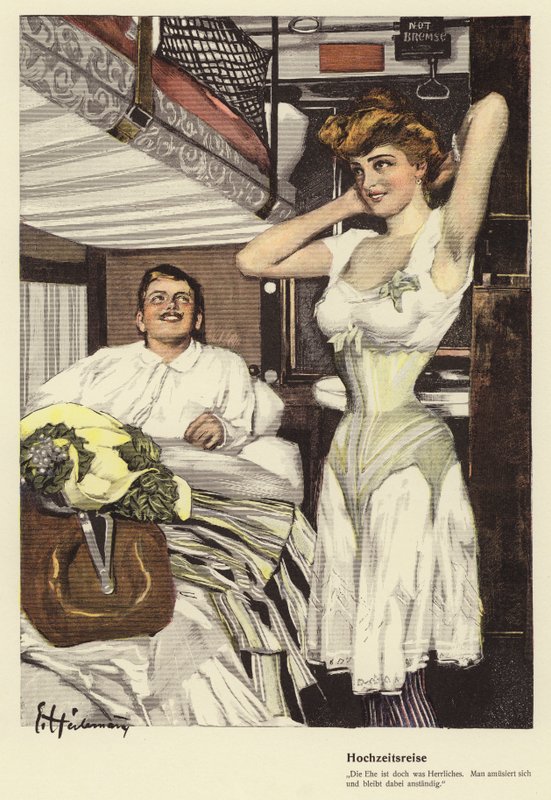 Manželský pár jede na líbánky v lůžkovém vlaku (barva litho) od Ernst (after) Heilemann