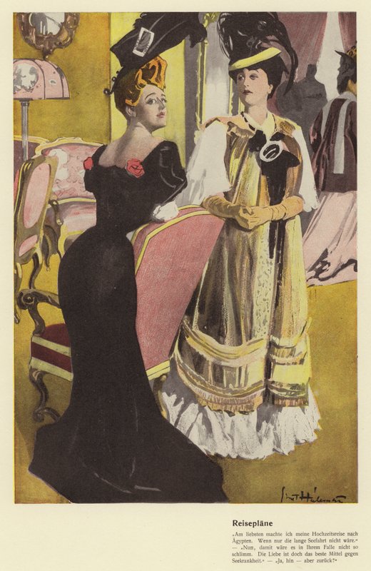 Dvě ženy diskutující o plánech dovolené (barva litho) od Ernst (after) Heilemann