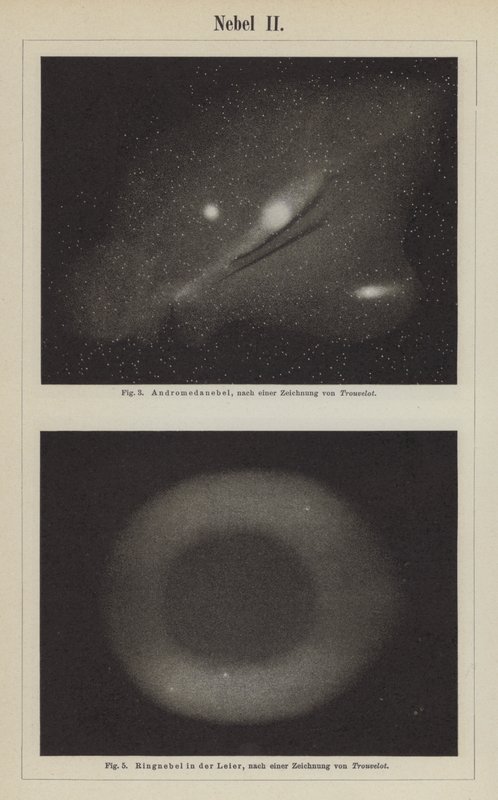 Pohledy na mlhovinu Andromeda a Prstencovou mlhovinu v souhvězdí Lyry (rytina) od Étienne Léopold Trouvelot