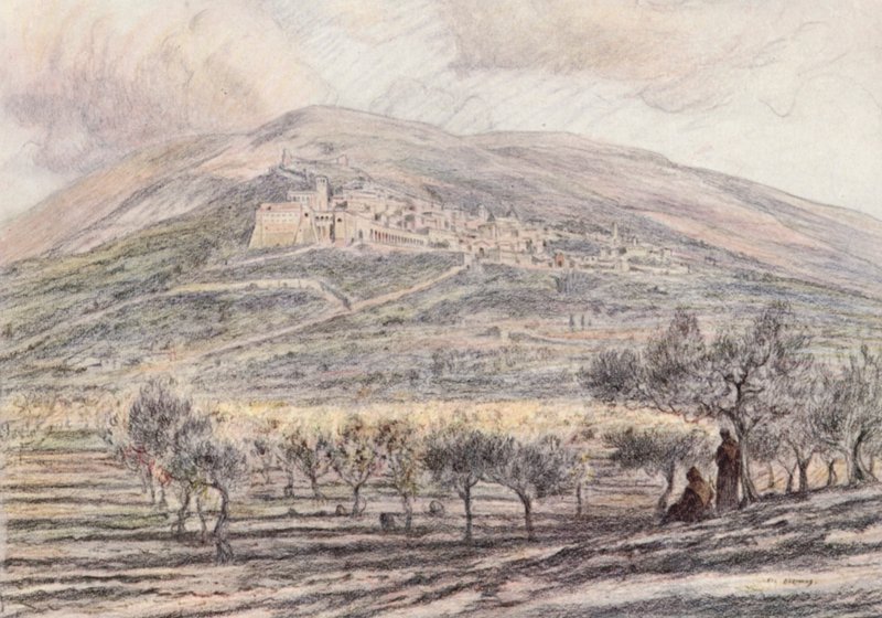 Assisi (barevná litografie) od Eugene (after) Burnand