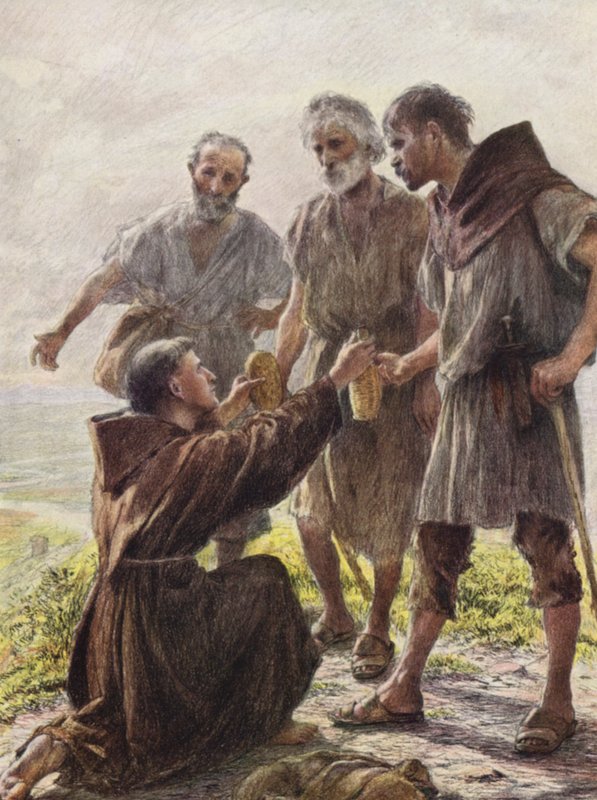 Mnich Anděl a tři zbojníci (barevná litografie) od Eugene (after) Burnand