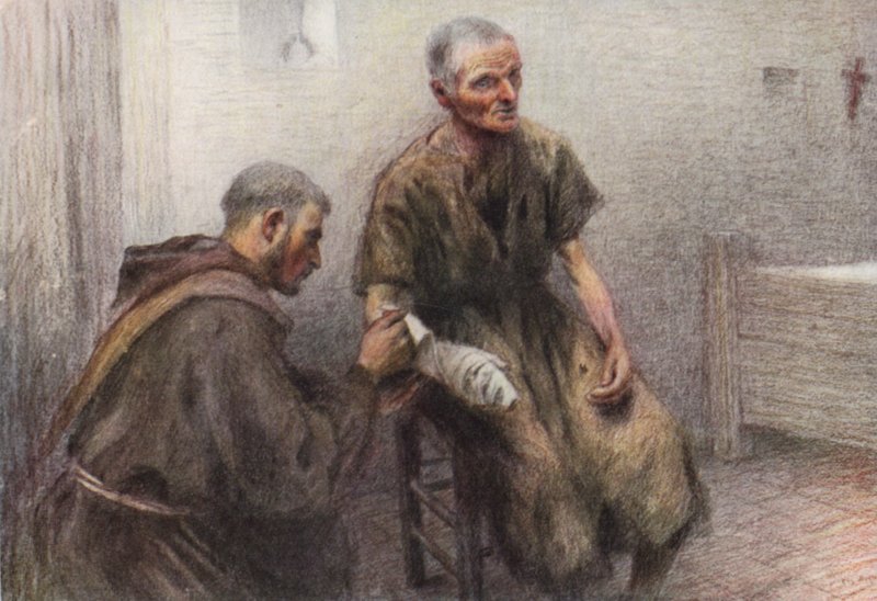 Mnich Bentivoglia ošetřuje malomocného (barevná litografie) od Eugene (after) Burnand