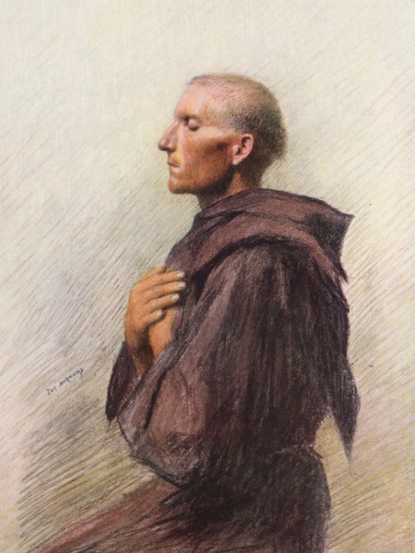 Mnich Bernard z Quintavalle (barevná litografie) od Eugene (after) Burnand