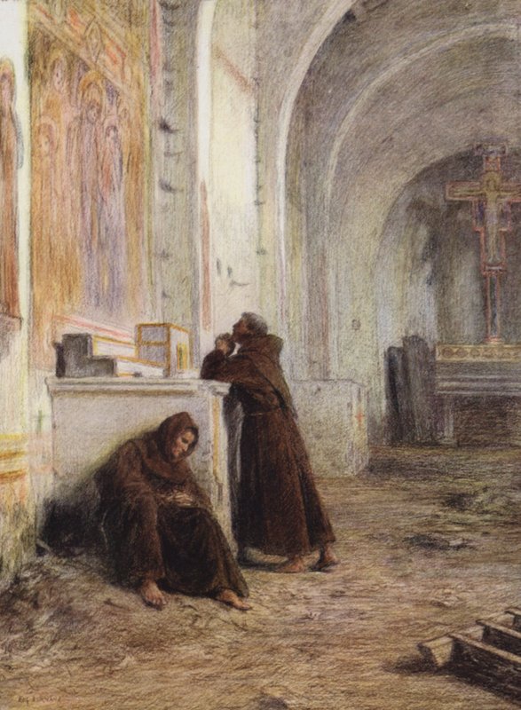 Mnich Giles a jeho společník omdlévají hladem v opuštěném kostele (barevná litografie) od Eugene (after) Burnand