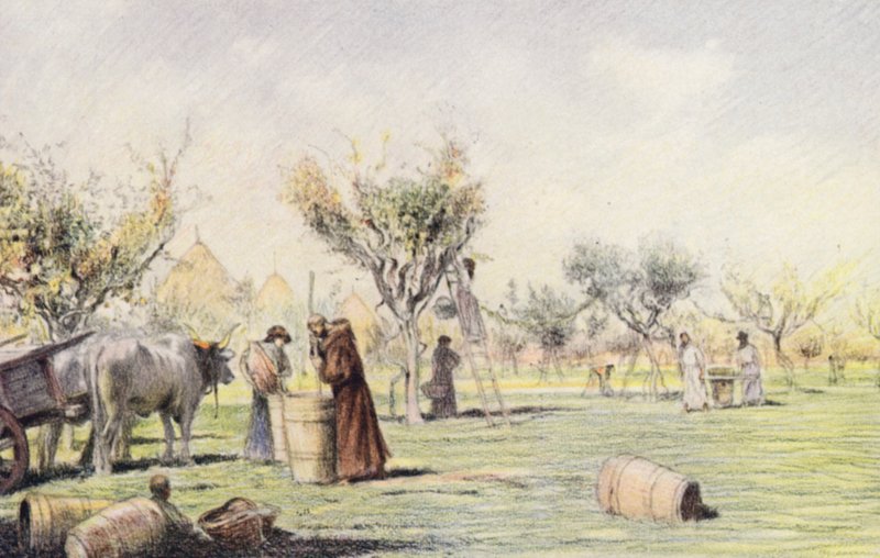 Mnich Giles při práci na vinici (barevná litografie) od Eugene (after) Burnand