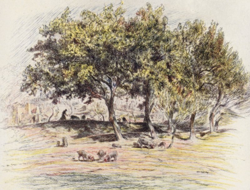 Mnich Juniper uřízne praseti nohu, aby ji dal nemocnému (barevná litografie) od Eugene (after) Burnand