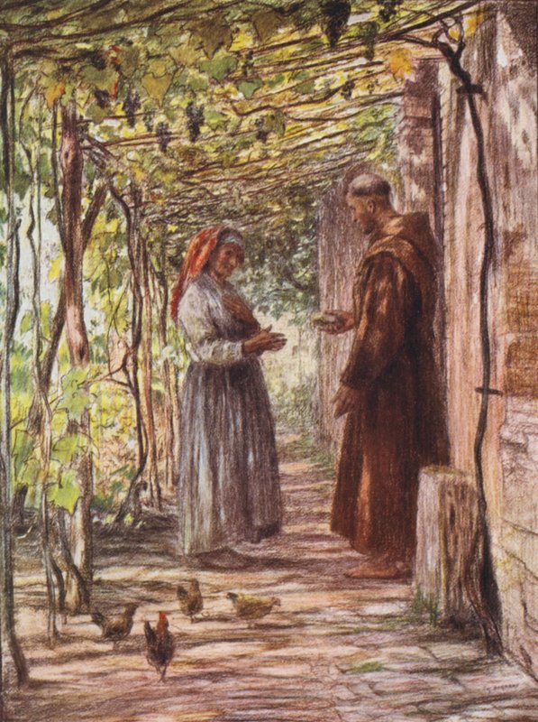Mnich Masseo je jmenován vrátným (barevná litografie) od Eugene (after) Burnand