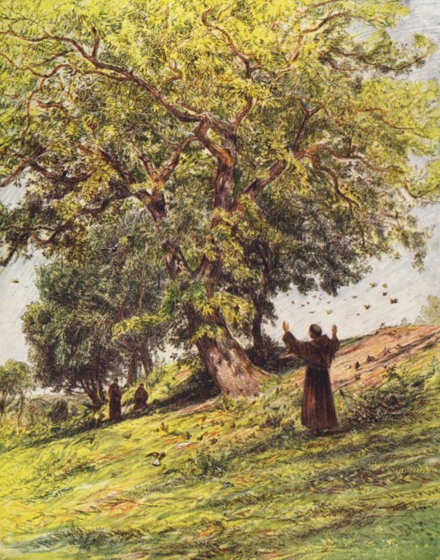 Svatý Fancis káže ptákům (barevná litografie) od Eugene (after) Burnand