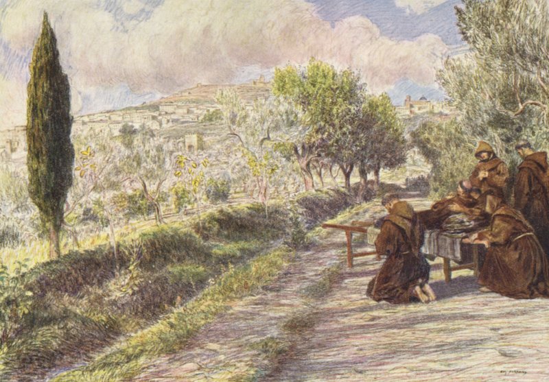 Svatý František žehná městu Assisi (barevná litografie) od Eugene (after) Burnand