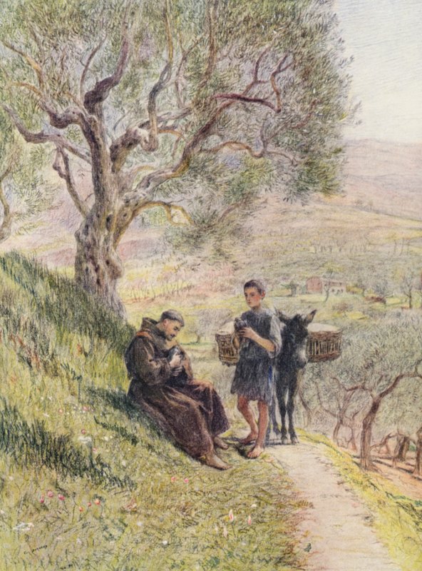 Svatý František krotí divoké hrdličky (barevná litografie) od Eugene (after) Burnand