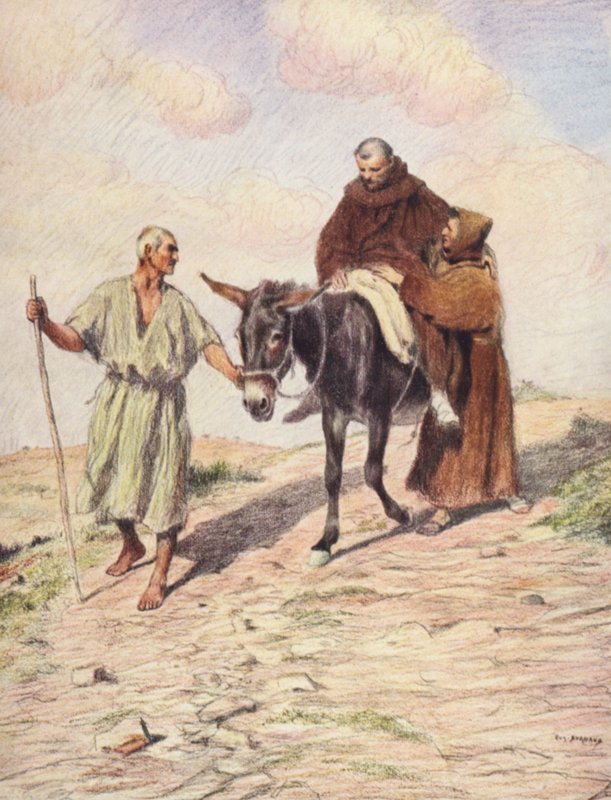 Svatý František sestupuje z hory la Verna s mnichem Lvem po otisknutí svatých stigmat (barevná litografie) od Eugene (after) Burnand