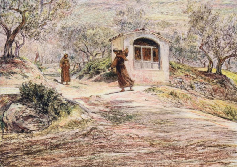Svatý František nutí mnicha Massea, aby se mnohokrát otočil a našel cestu, kterou má jít (barevná litografie) od Eugene (after) Burnand
