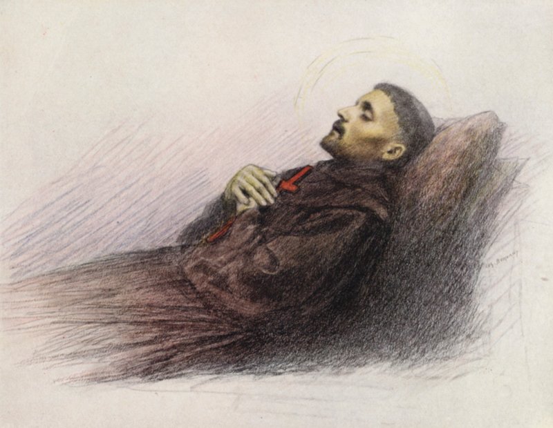 Svatý František na smrtelné posteli (barevná litografie) od Eugene (after) Burnand