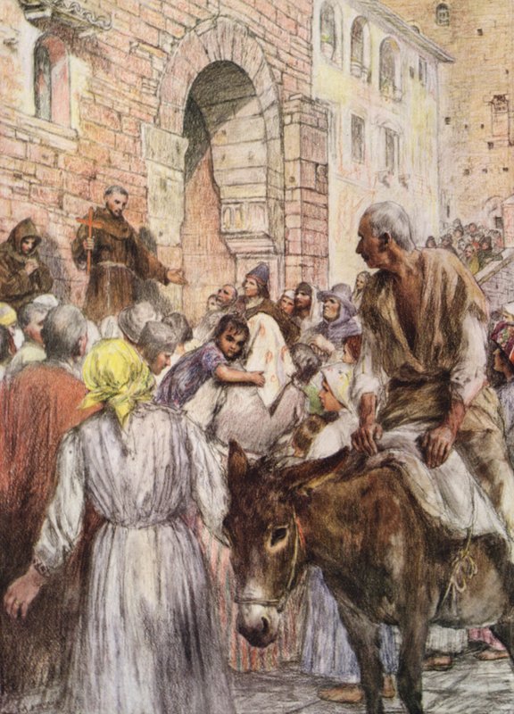 Kázání svatého Františka v Bologni (barevná litografie) od Eugene (after) Burnand