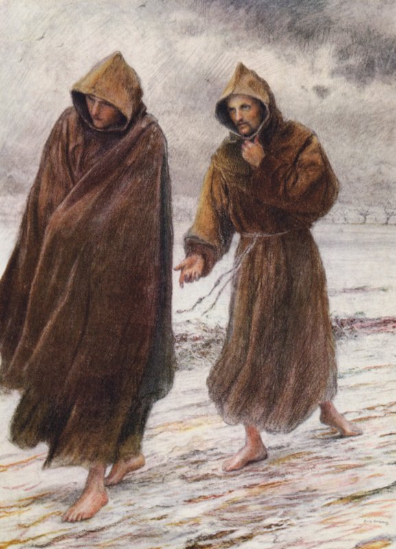 Svatý František ukazuje mnichovi Lvovi, kde se nachází dokonalá radost (barevná litografie) od Eugene (after) Burnand